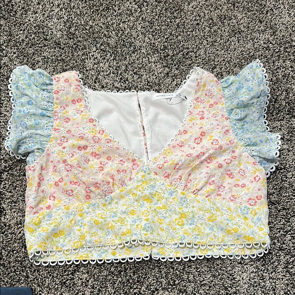 Altar'd State Pink and Blue Ruffled Crop Blouse
